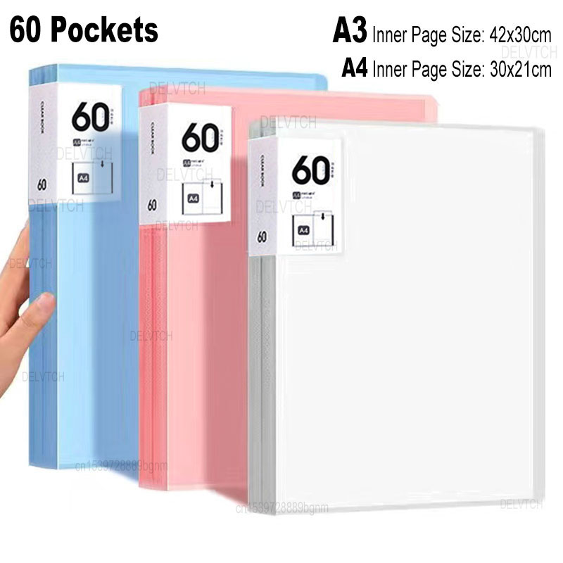 Carpeta de archivos A4 A3 de 60 bolsillos, álbum de fotos, libro de exhibición, bocetos artísticos, pintura, dibujo, papel, bolsa de almacenamiento de documentos, organizador