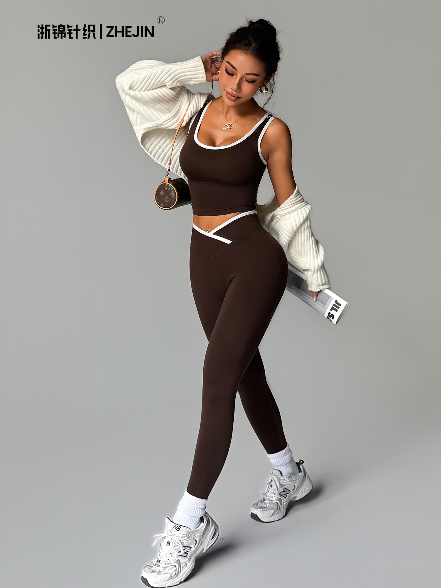 Set Yoga 2 Potong Wanita, Legging Pinggang V Silang dengan Trim Kontras, Sport Bra, Set Olahraga Gym, Pakaian Olahraga Fitness