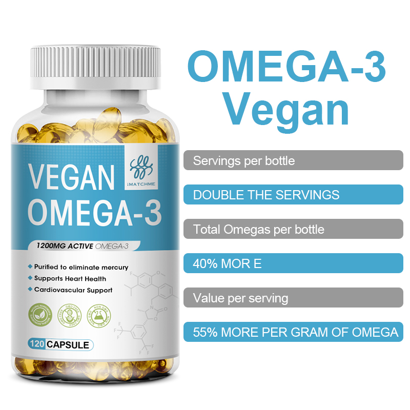 1200mg wegańskich OVEGA-3 Omega-3 na bazie roślin z oleju z alg, codzienny suplement, bogaty DHA i EPA, wspomaga zdrowie mózgu, oczu i serca