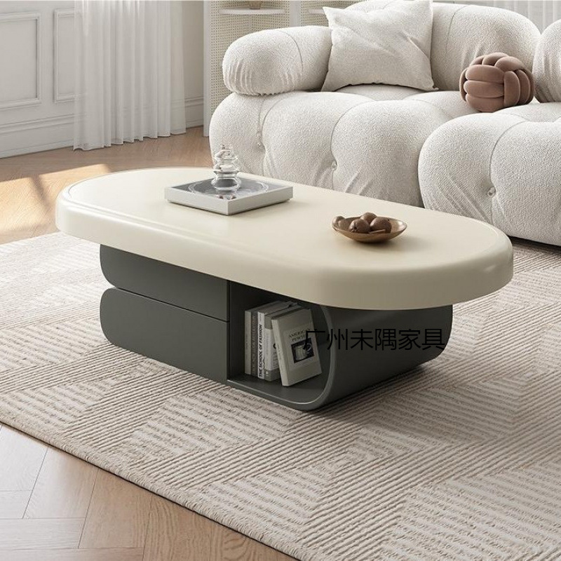 Mesa de centro estilo creme, sala de estar, apartamento pequeno, design oval, laje de rocha, mesa de centro pequena