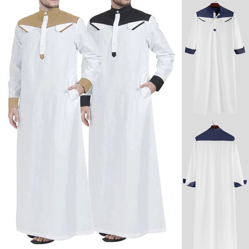 Truyền Thống Hồi Giáo Quần Áo Màu Sắc Tương Phản Hồi Giáo Đầm Trung Đông Jubba Thobe Nam Áo Dây W/Áo Dài Tay Quan Cổ
