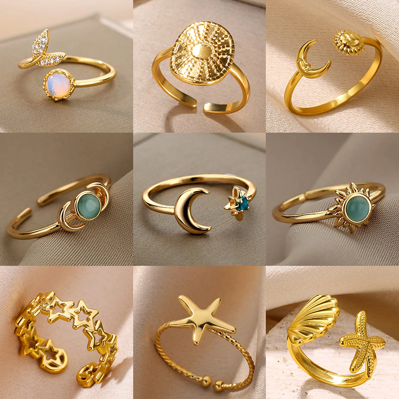 Zircon Moon Starแหวนผู้หญิงสแตนเลสเรืองแสงMoon Starแหวนนิ้วปรับความงามงานแต่งงานเครื่องประดับของขวัญFemme