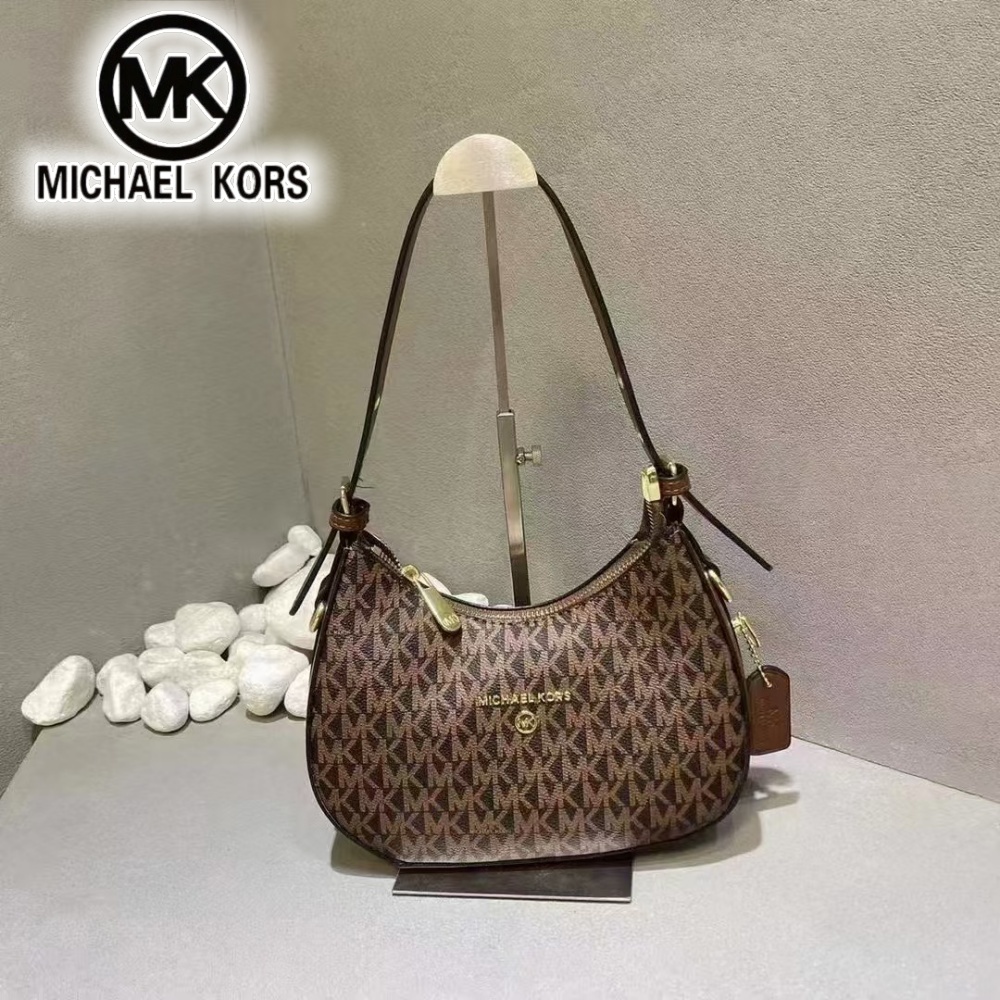 Borsa a tracolla da donna Michael Kors 2026, classica a mezzaluna con stampa a lettere, borsa MK alla moda per pendolari