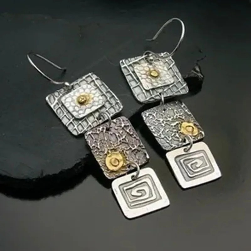 Pendientes colgantes cuadrados tallados geométricos Punk para mujer, joyería Tribal, pendientes de gancho largo hechos a mano de Metal Vintage, regalo