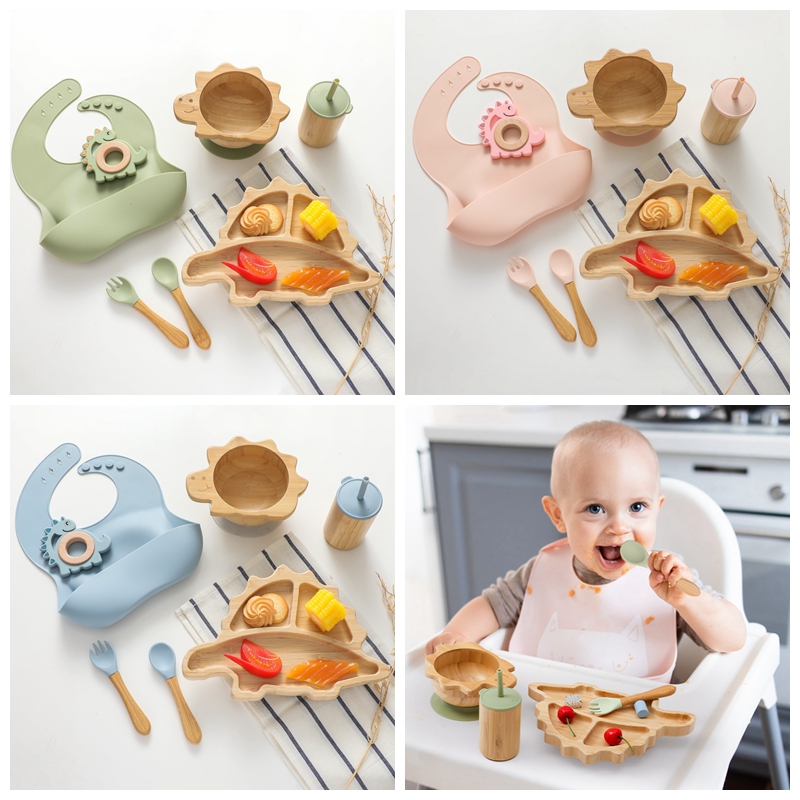 Bebê Bambu Louça De Madeira Com Sucção De Silicone, Dinossauro Dos Desenhos Animados, Tigela De Alimentação Colher, Conjunto De Garfo, Acessórios De Alimentação Infantil