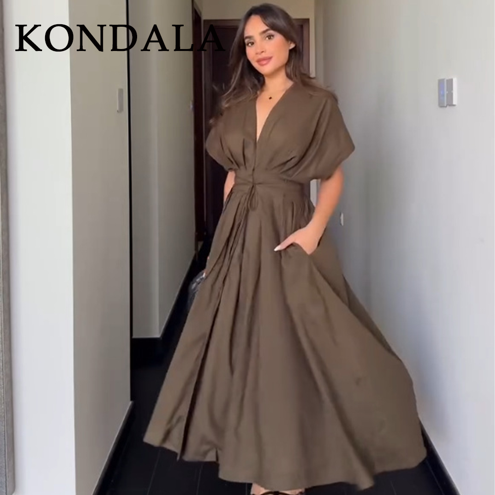 Vestido Vintage KONDALA Primavera Verano 2026 para Mujer, Diseño Elegante con Cuello en V, Sin Mangas, con Lazos y Drapeado, Color Marrón