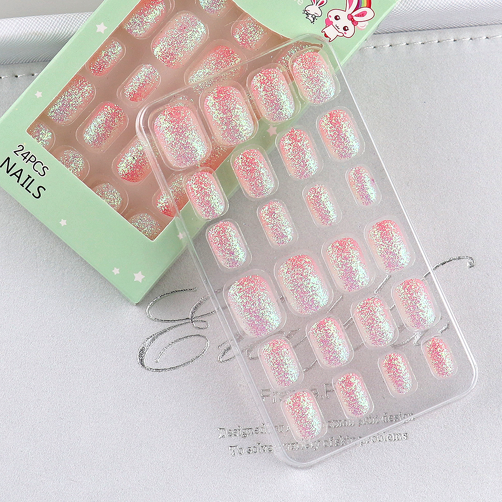 24 Buah Seni Kuku Anak-anak Ujung Kuku Glitter Blingbling Kuku Palsu Tekan Pada Kuku DIY Manikur untuk Ulang Tahun Anak-anak Nailart 6 +