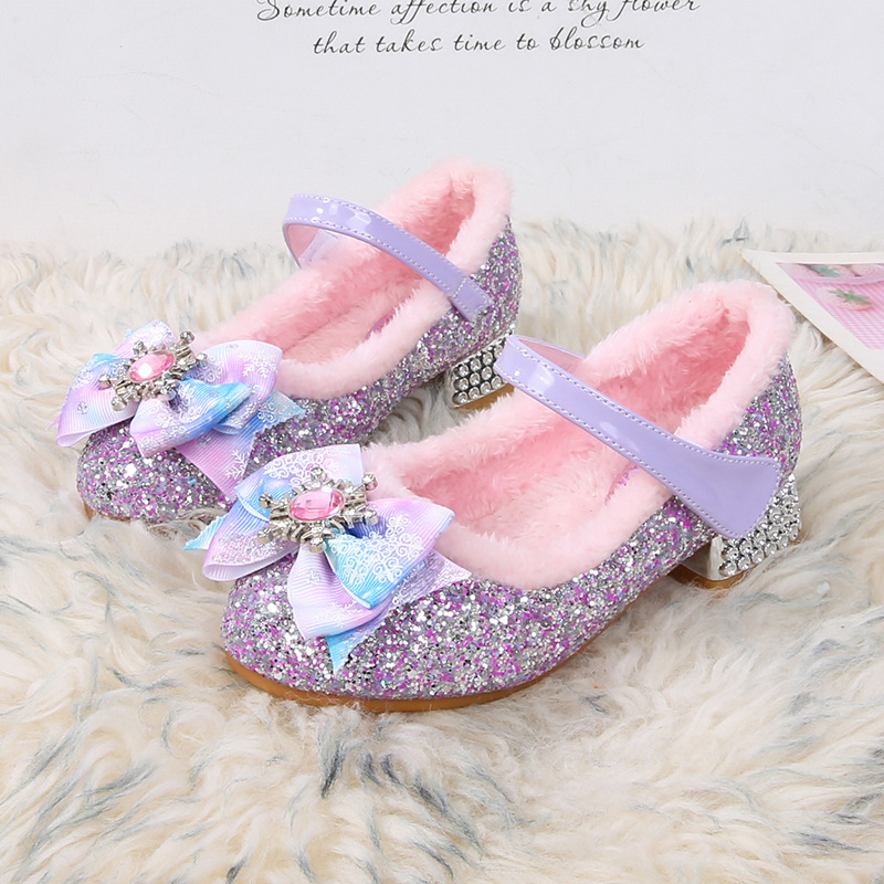 Disney elsa meninas salto alto bowknot azul rosa moda infantil menina cristal princesa sapatos de inverno quente presente tamanho 23-36
