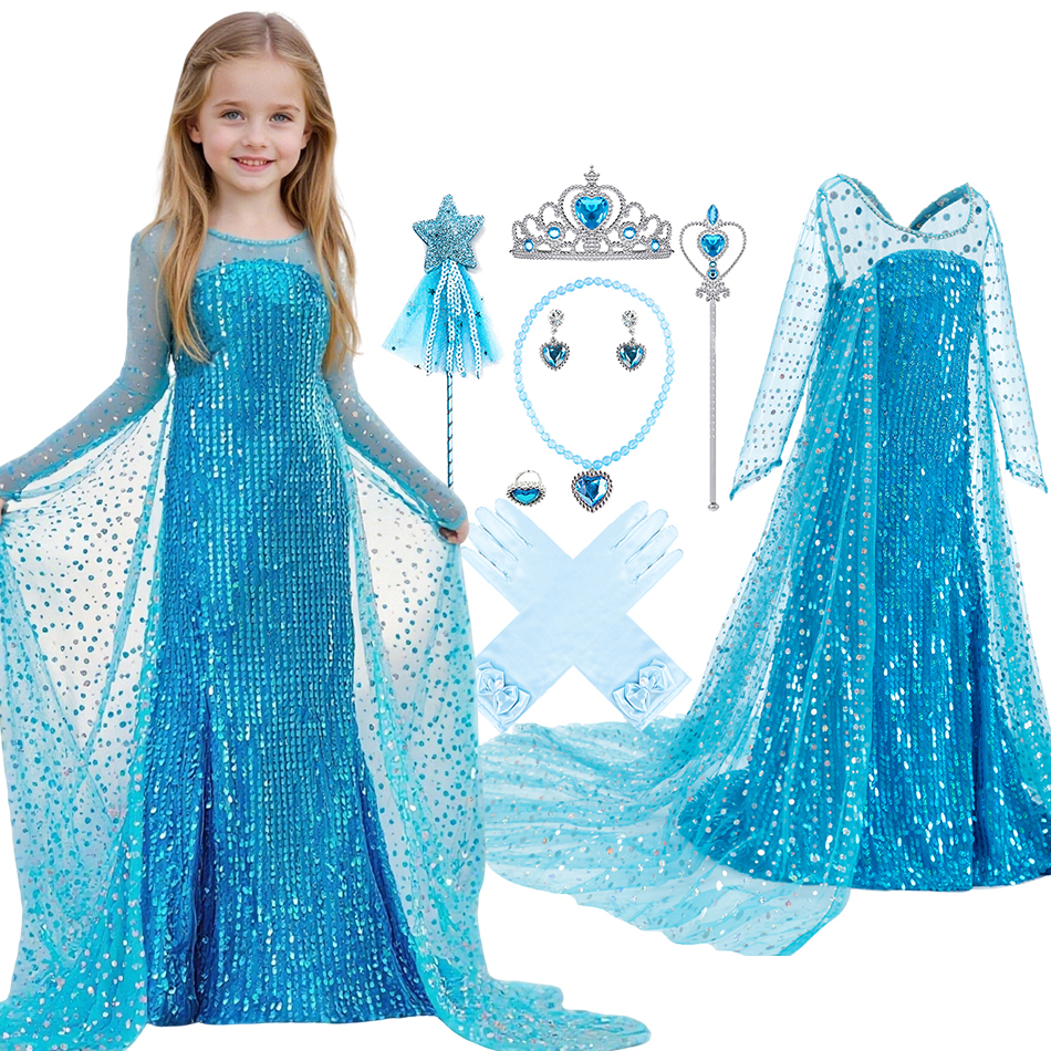 Vestido de Cosplay de Elsa con lentejuelas azules para niños, disfraz de princesa azul elegante para niñas, ropa para fiesta de cumpleaños y Halloween