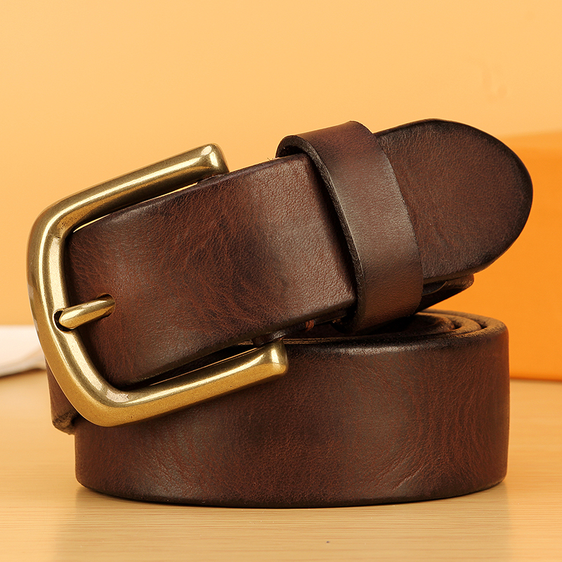 Sabuk kulit gandum penuh lebar 3.8cm untuk pria, sabuk jins kasual kulit polos asli Italia, sabuk kerja tugas berat pria tebal 5mm