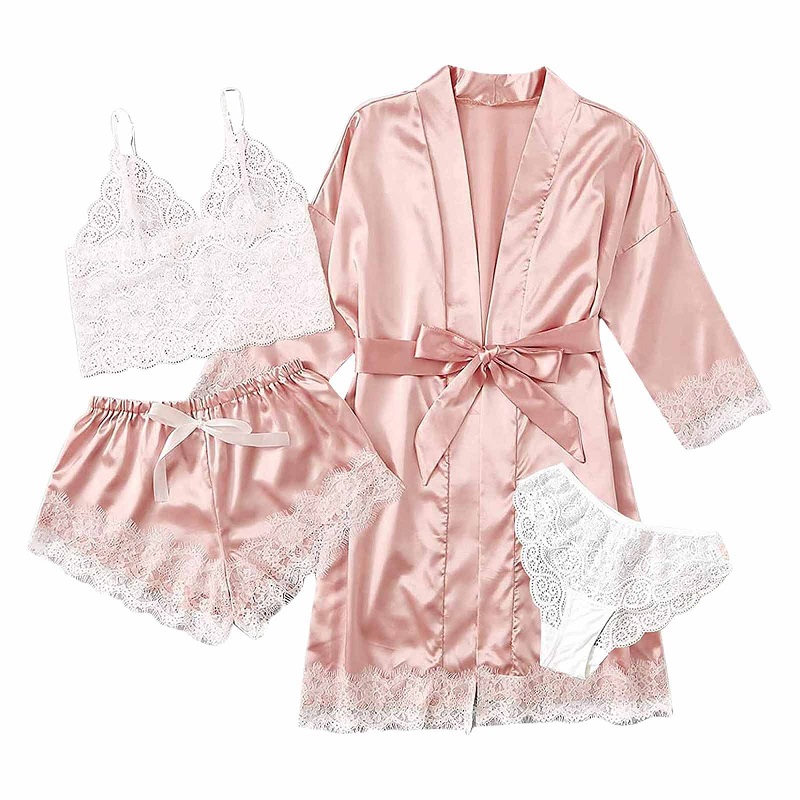 4 pçs/set feminino conjunto de pijamas de cetim de seda lingerie sexy floral renda cami cinta de espaguete topo e shorts de cetim com robe sleepwear