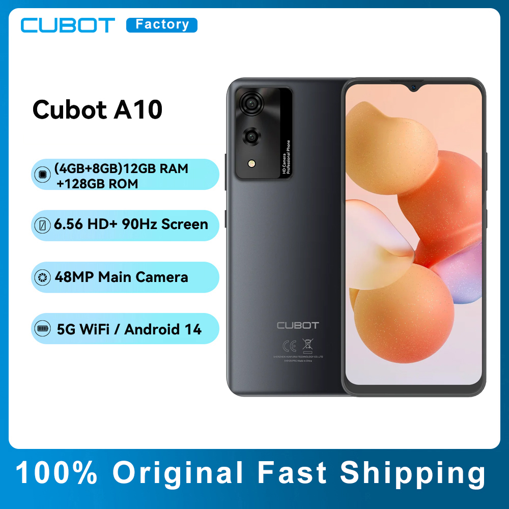 Cubot A10 Android 14 Smartphone, 12GB RAM, 4GB, 8GB, 128GB ROM, Octa-core, 6.56 ", Tela 90Hz, 5100mAh, 48MP, Câmera Principal, 5G WiFi, telefone