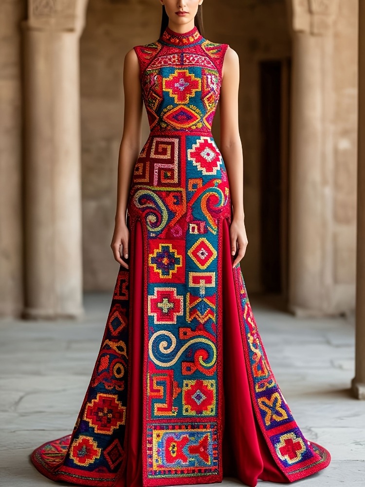 Robe longue vintage à motif géométrique pour femme, élégante, col montant, sans manches, style ethnique tribal, robe de bal de luxe pour défilé