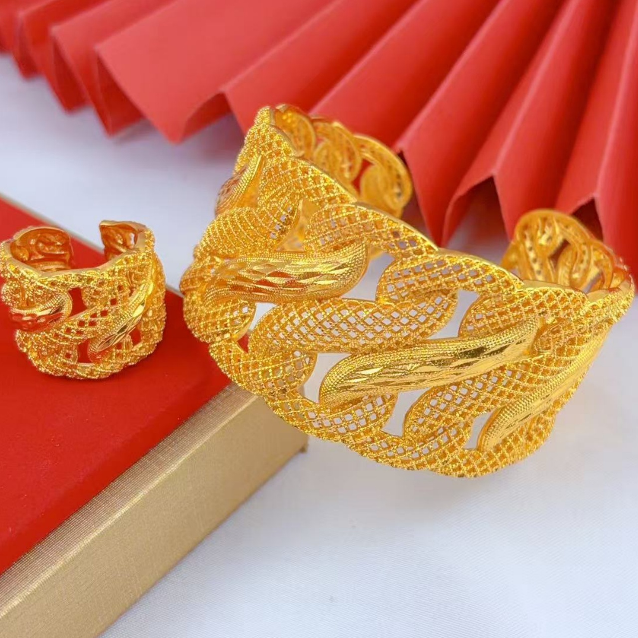 Gelang dan cincin emas lapis emas Timur Tengah untuk wanita, perhiasan Dubai, India, Afrika, gelang pesona keras, pernikahan, Ethiopia, Arab.