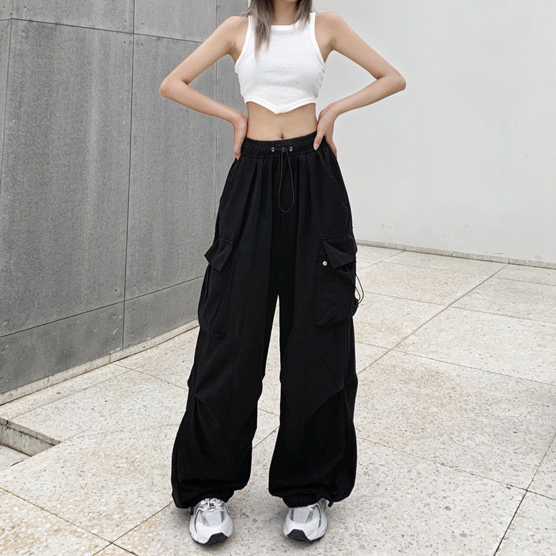 Back to School ผู้หญิงใหม่อเมริกัน Hip-Hop ขากว้างกระเป๋าขนาดใหญ่ Drawstring กางเกงทํางาน High Street Casual กางเกงกีฬา