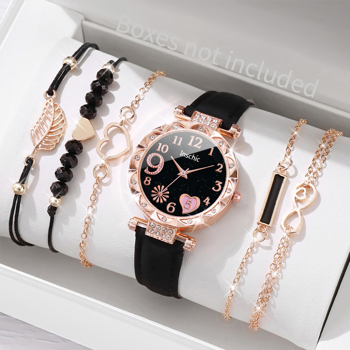 Quartz Watch and Leaf Bracelets Set para mulheres, relógios de moda, coração Dial, pulseira de couro, sem caixa, 6pcs por conjunto