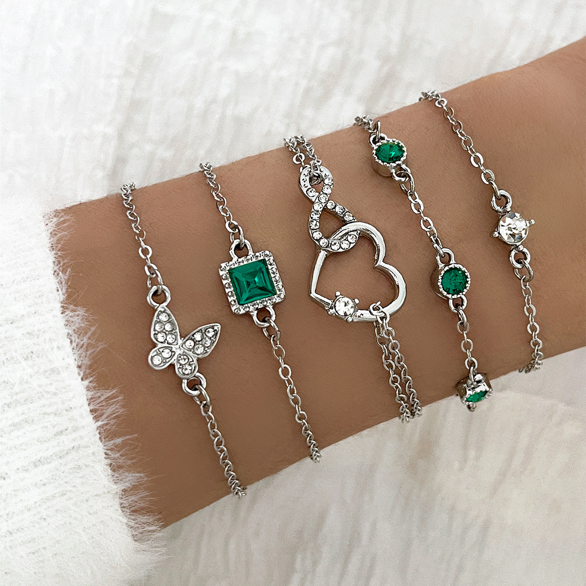 5 pçs moda verde cristal pulseira conjunto para mulheres borboleta coração charme ouro prata cor corrente pulseira feminina na moda jóias