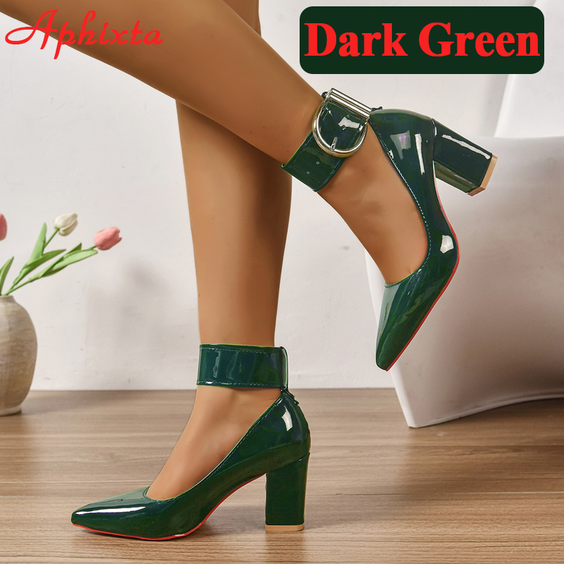 Aphixta Pompa Hijau Tua Wanita Sepatu Pimps Logam Perak Gesper Sabuk Tali Lebar 4Cm Hak Tebal 7Cm Ukuran Super Besar 35-53