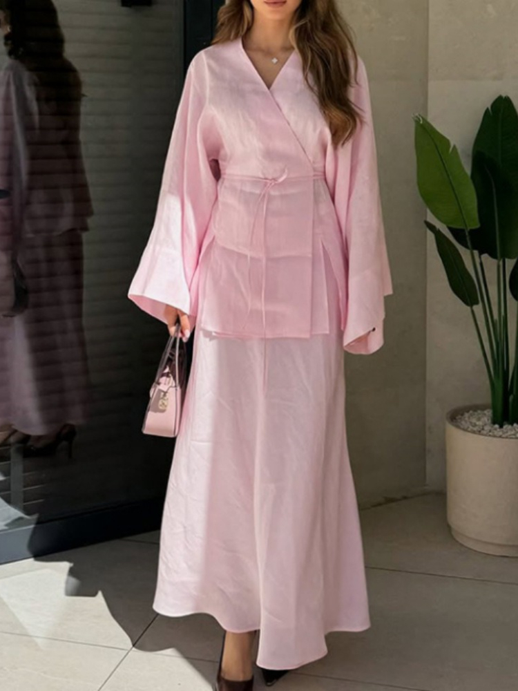 2025 verão moda novo elegante estilo de deslocamento longo topo conjunto de duas peças meia saia estilo casual conjunto longo