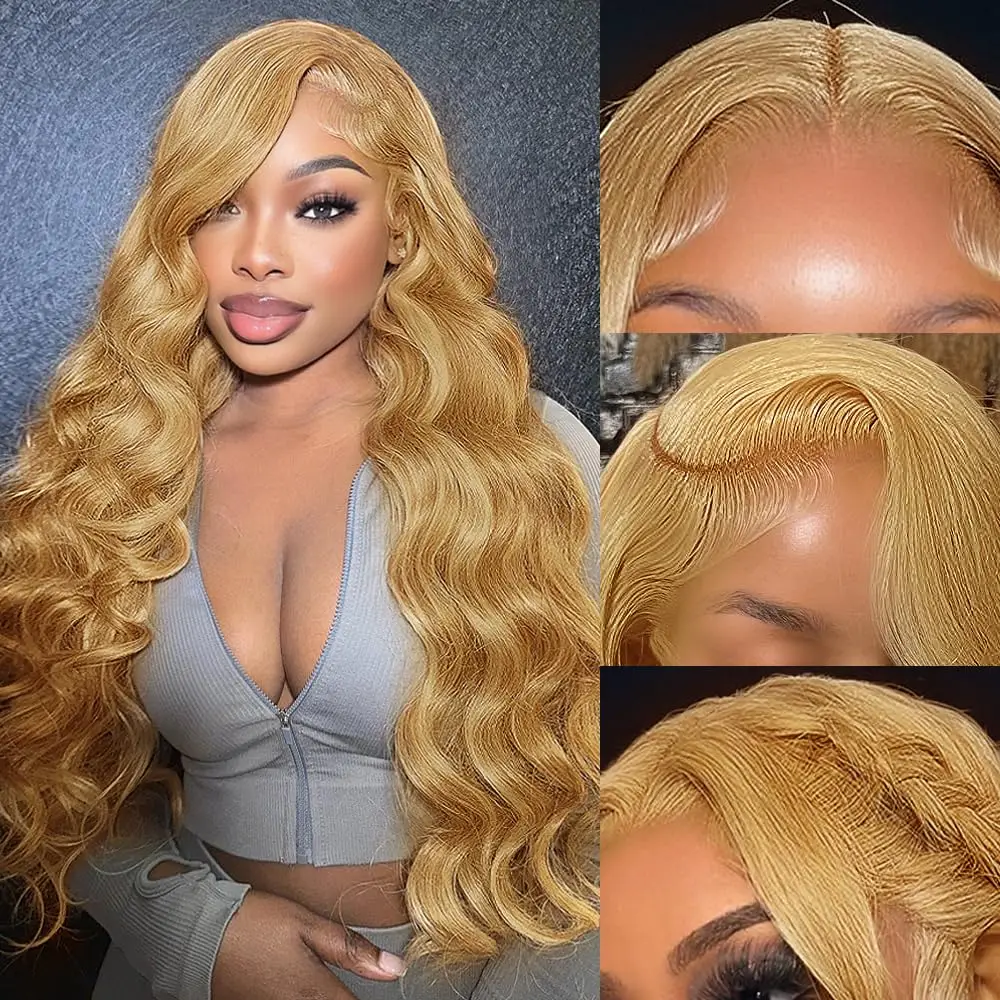 220 Densidad 30 34 pulgadas # 27 pelucas de cabello humano 100% con frente de encaje ondulado rubio miel para mujeres peluca Frontal de encaje transparente 13x6 Hd