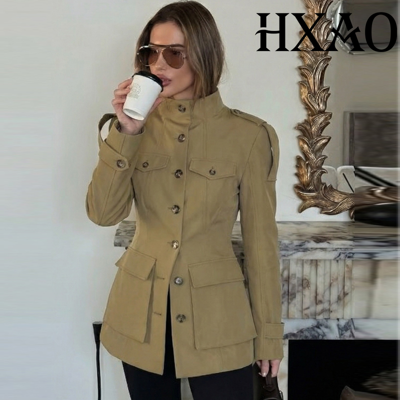 HXAO Button Women's Jacket Long Sleeve Outerwears Pocket Demi-Season Blazer Woman Jacket Fitted Long Coat Office Casual Jacket