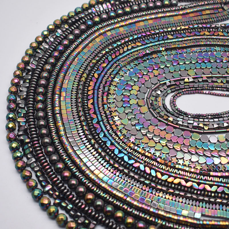 Perles d'hématite en pierre naturelle noire, pistolet de couleur, étoile à cinq branches, cœur, disque rond carré, perles d'espacement amples pour la fabrication de bijoux, bricolage