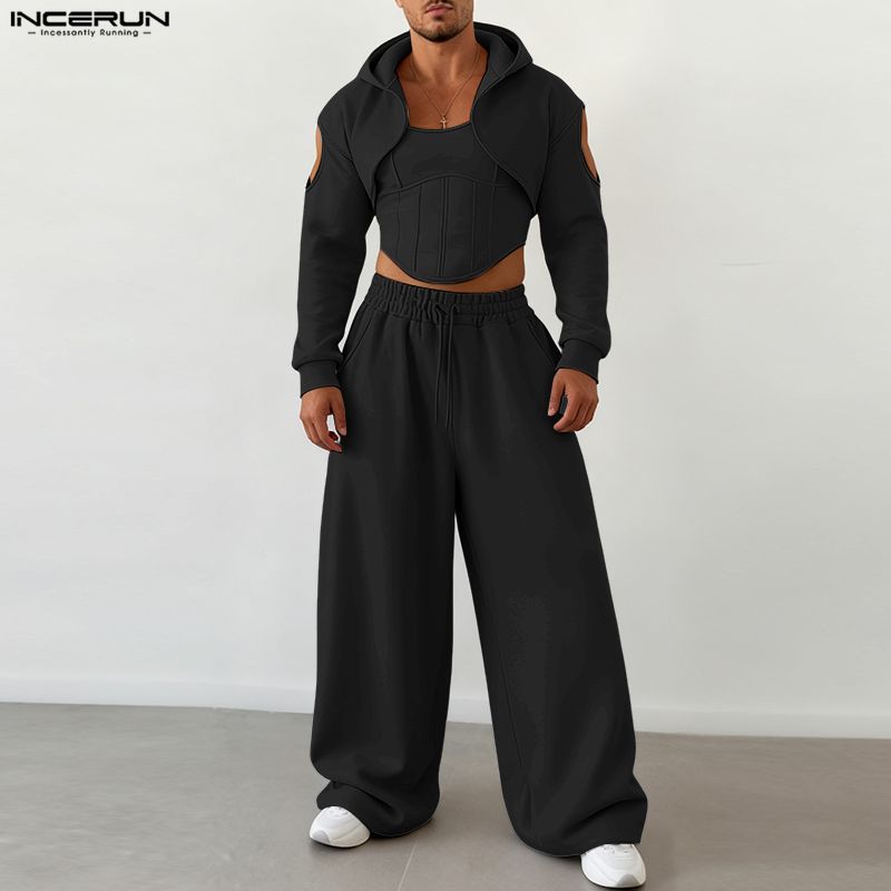 Incerun conjuntos masculinos cor sólida com capuz regata colheita sweatshirts & calças duas peças define streetwear moda masculina ternos casuais S-5XL