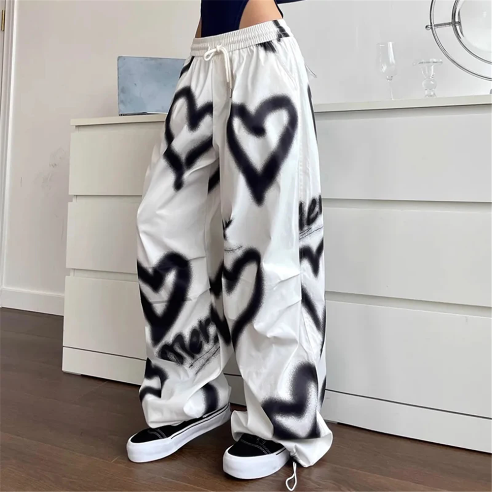 Amor graffiti calças de perna larga feminina y2k elástico cintura alta streetwear solto cordão jogging calças coreano casual moletom