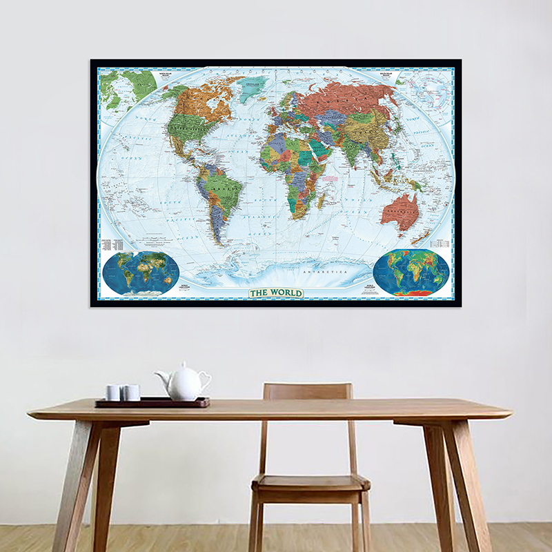 Polyester,English-World Map-Countries with Cities,Art Prints Posters Travel Supplies,for Classroom,Home,Office,Living Room Decor