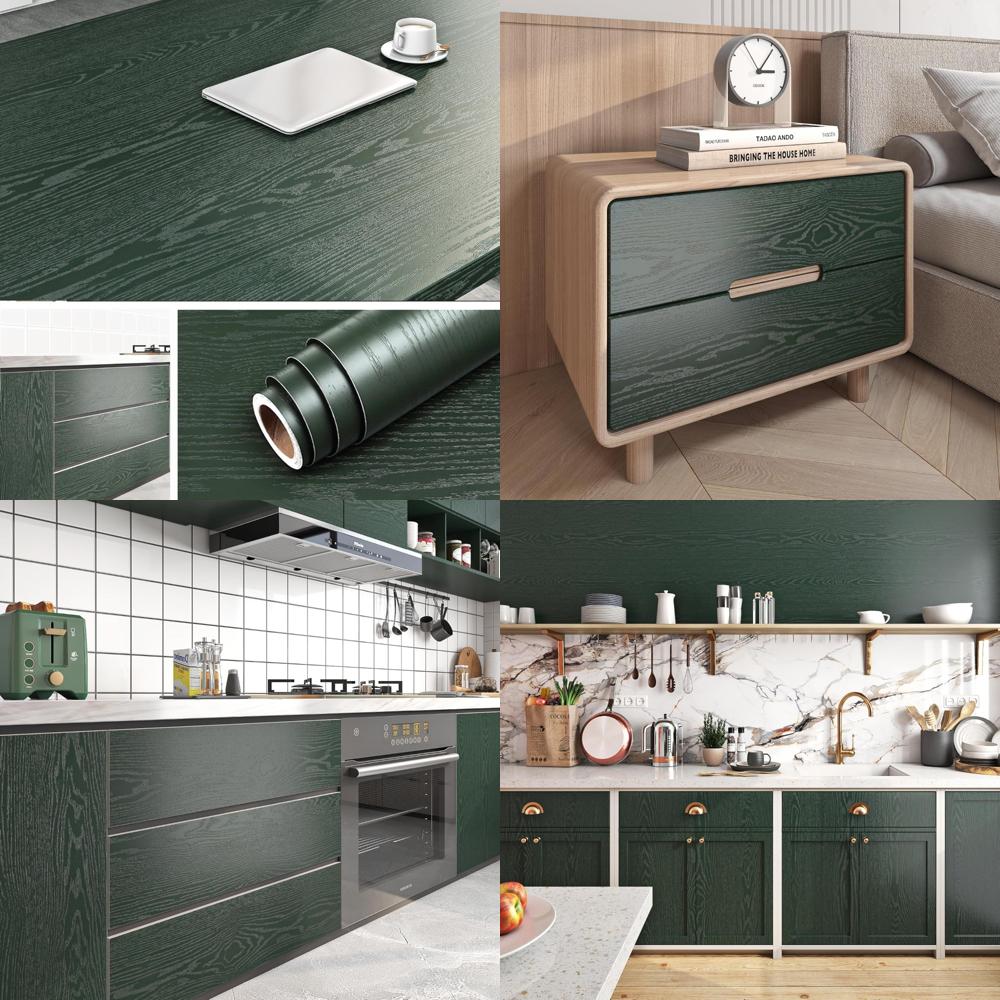 Green Waterproof Peel and Stick Countertop Cover Kit, 24 x 394 Inch, Dark Green Wood Design for Kitchen Counters