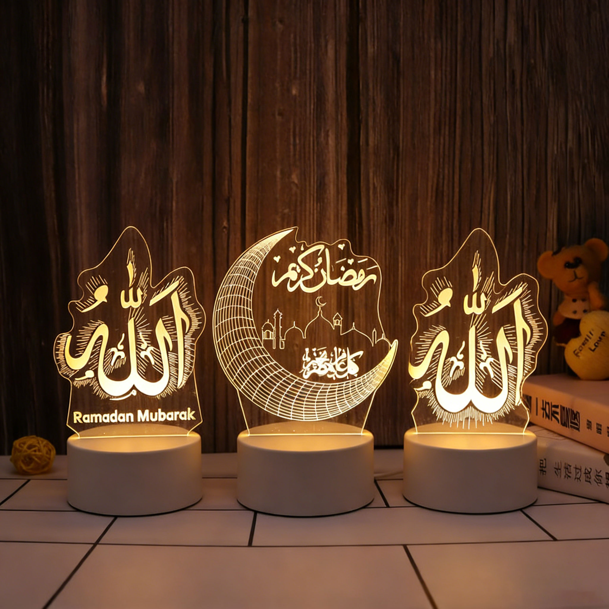 Décoration de maison pour le Ramadan 2026, lumière de nuit LED 3D fonctionnant sur USB, ornement de table Eid Mubarak, éclairage de fête musulmane Eid Al Adha