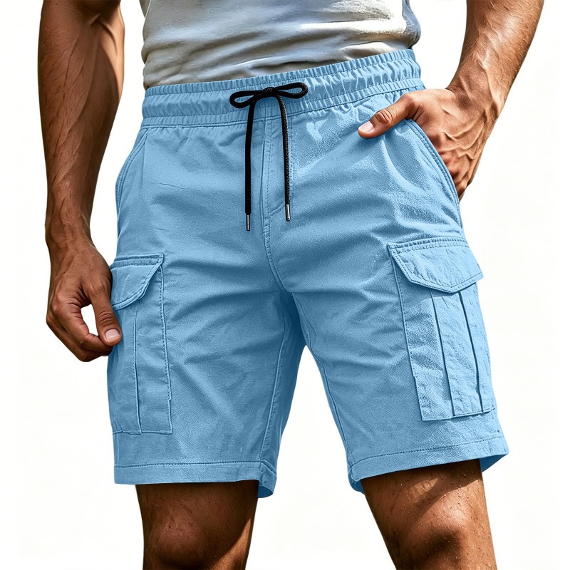 Shorts cargo pour hommes, couleur unie, cordon de serrage, taille élastique, multi-poches, décontracté, ample, pour l'été et la plage
