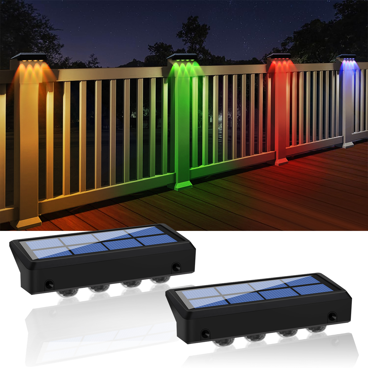 2 pièces lumières de clôture solaire rvb couleur changeante/blanc chaud LED lumières de marche solaires appliques murales extérieures IP65 lampe de décoration étanche