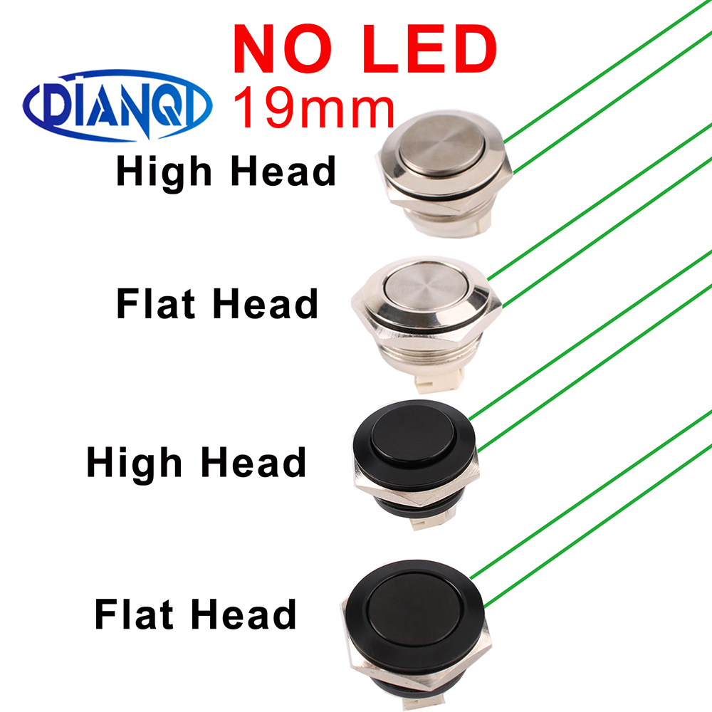 19mm Ultra krótki metalowy przełącznik przyciskowy z przewodem Chwilowy reset Bez światła LED Płaska/wysoka główka Zielony Niebieski Czerwony Czarny Korpus