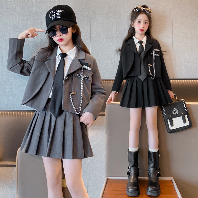 Junior Girl JK Schuluniform-Set, einzigartige formelle Kette, intelligente Jacken und Faltenrock, 2-teiliger Schulkinder-Kinduniform-Blazer-Anzug