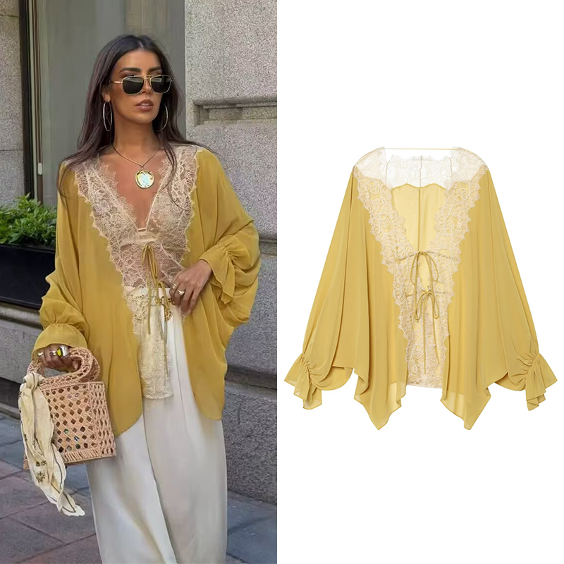 Damesoverhemden Summe Fashion Splicing Lace Shirt Summe Dames losse casual overhemden Vrouwelijke blouses Chique tops
