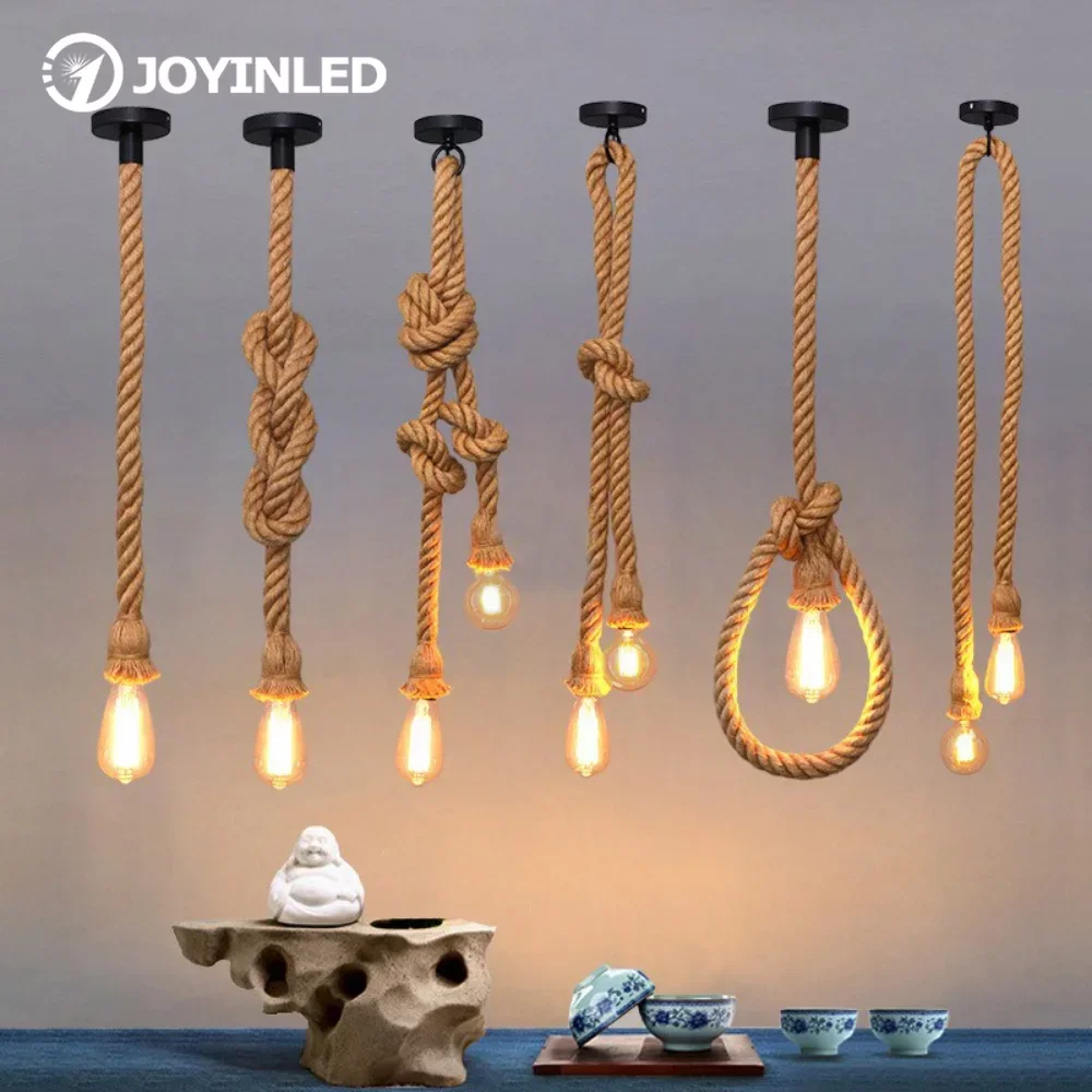Industrial e27 vintage corda de cânhamo luzes pingente sótão personalidade iluminação interior para loft/sala estar/bar pingente lustre