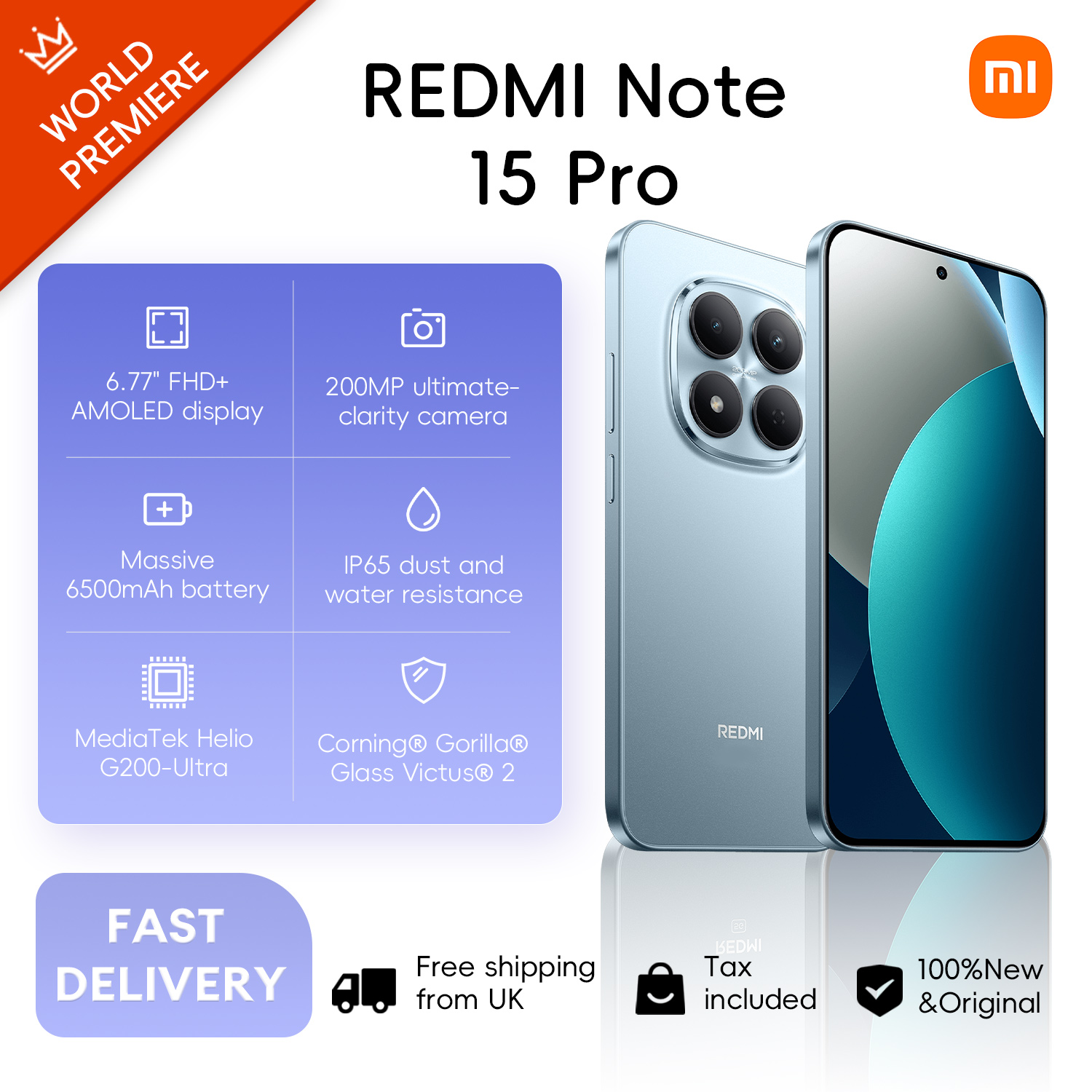 Xiaomi Redmi Note 15 Pro 4G, 8+256GB Global Version, MediaTek Helio G200-Ultra 6.77" 120Hz AMOLED Display 200MP 6500mAh 45W NFC