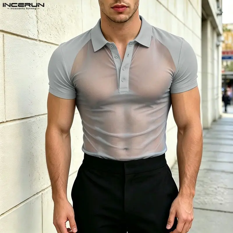 INCERUN mannen Shirt Mesh Patchwork Revers Korte Mouw See Through Mannen Kleding Streetwear Zomer 2026 Sexy Fashion Tops Camisas