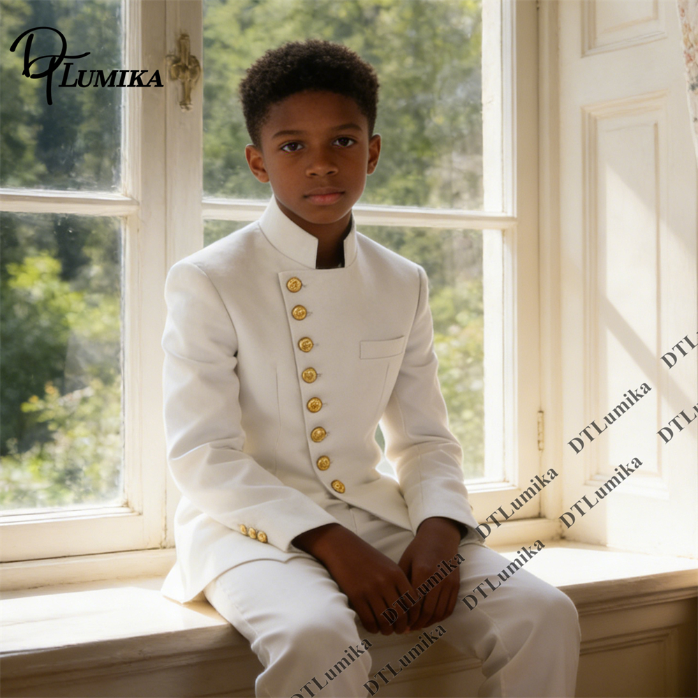 Elegante Traje Formal para Niño, Chaqueta con Cuello Alto y Botones Dorados, Pantalones a Juego, Estilo Vintage, para Fiestas, Banquetes, Espectáculos