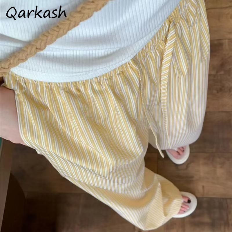 Calças de comprimento total femininas listradas bolsos cordão cintura alta em linha reta solta verão respirável resistente ao desgaste ulzzang ol casual