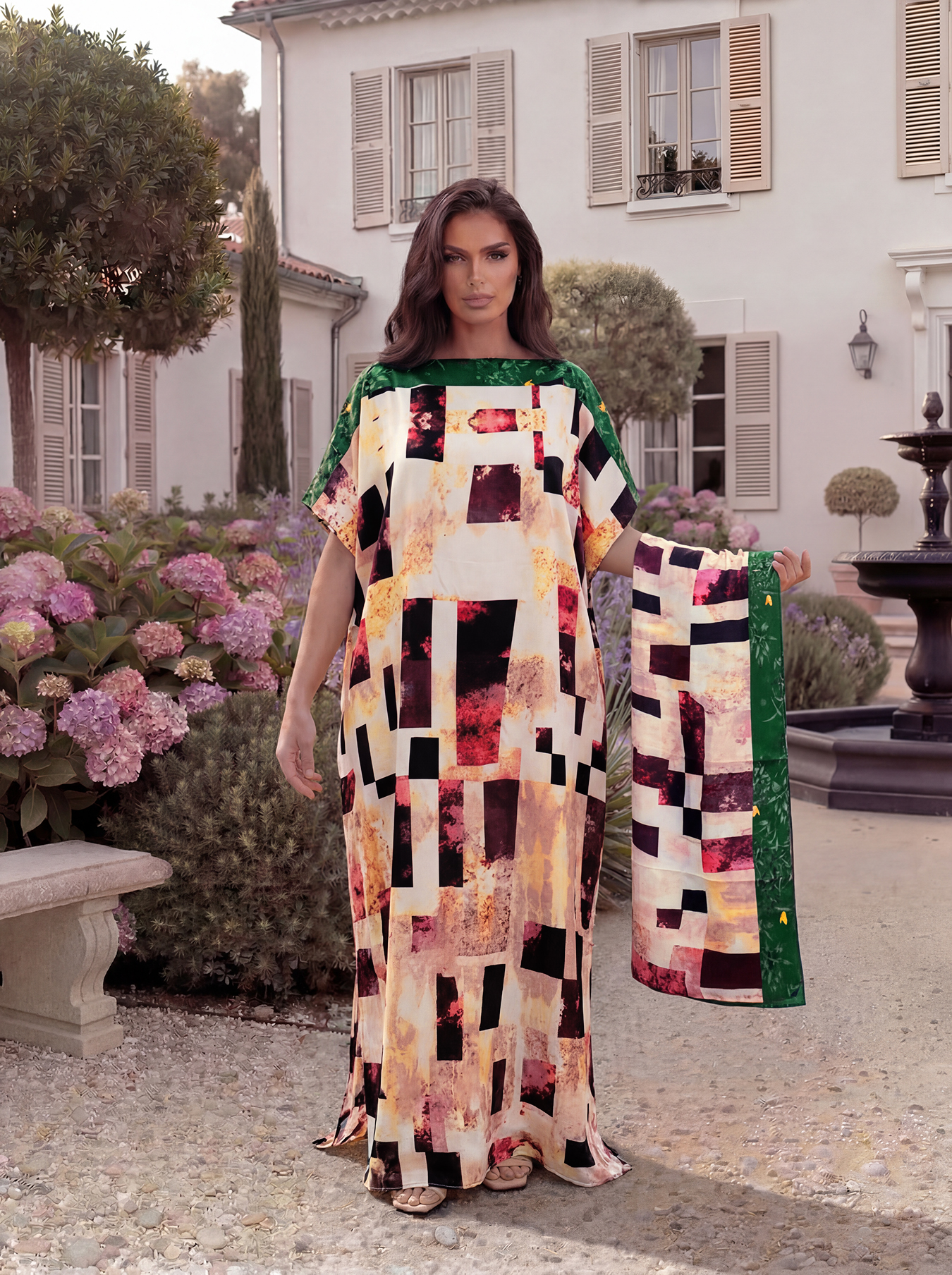 Zestaw: satynowa abaja i szal w stylu boho z abstrakcyjnym wzorem tie-dye, luźny, szeroki kaftan maxi dla muzułmanek, idealny na lato, na plażę, do noszenia na co dzień i na wakacje.