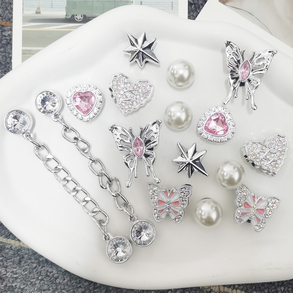 16PCS Vlinder Schoen Charmes DIY Kettingen Accessoires Zilverachtige Hart Ster Klomp Schoenen Gespen Decoraties Verwijderbare Bling Schoen Clips