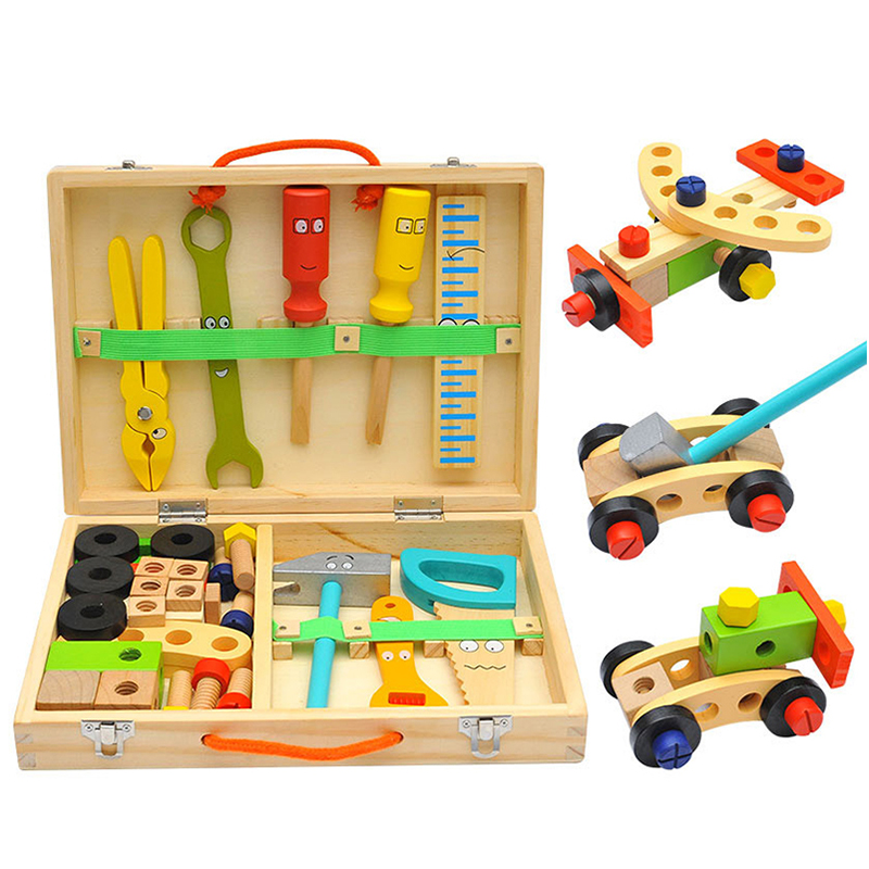 Pädagogisches Montessori Kinder Spielzeug Kunststoff Holz Toolbox Pretend Spielen Set Kinder Mutter Schraube Montage Simulation Schreiner Werkzeug