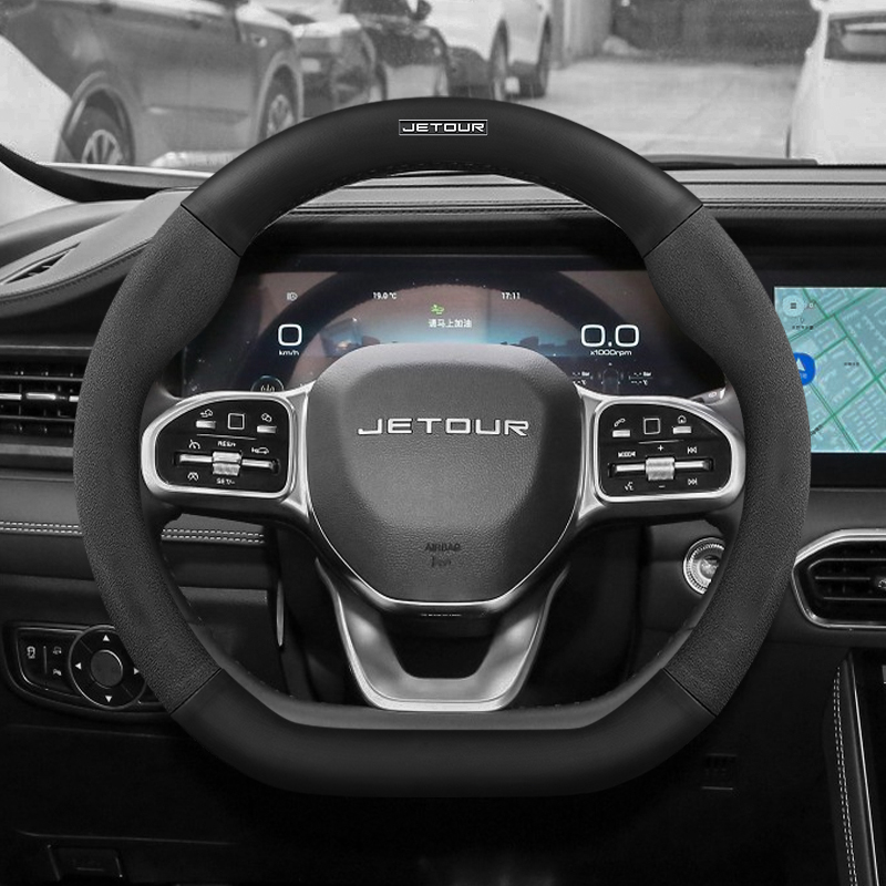 38ซม. หนังแท้สำหรับ T3 T2ของ Chery jetour X70SM X70 X90 X95นักเดินทางที่ยอดเยี่ยมฝาครอบพวงมาลัยรถยนต์คาร์บอนไฟเบอร์กันลื่น
