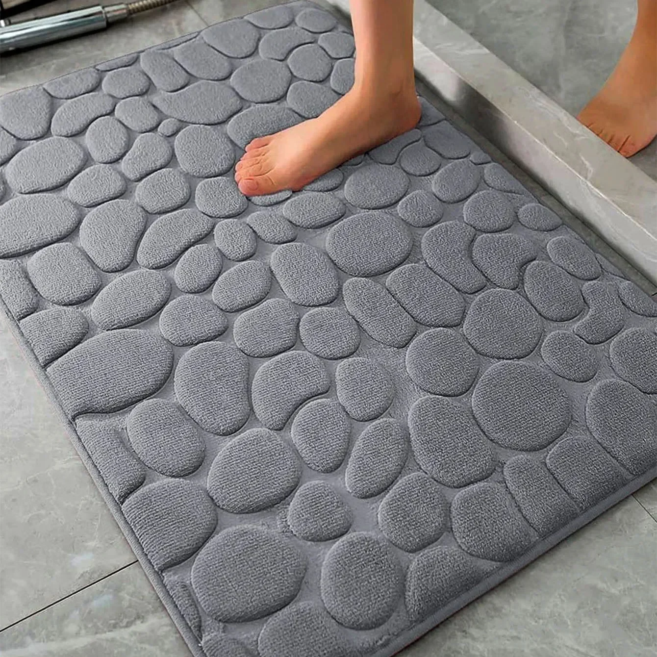 Alfombra Antideslizante de Terciopelo Coral con Espuma Viscoelástica, Diseño de Piedra en Relieve, Gruesa y Absorbente, para Baño, Hogar, Interior, Decorativa
