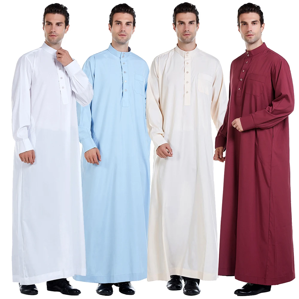 Túnica musulmana para hombres de manga larga Abaya saudita árabe Thobe Jubba Thoub Dubai Daffah Kaftan Medio Oriente Islam Thawb vestido musulmán caftán