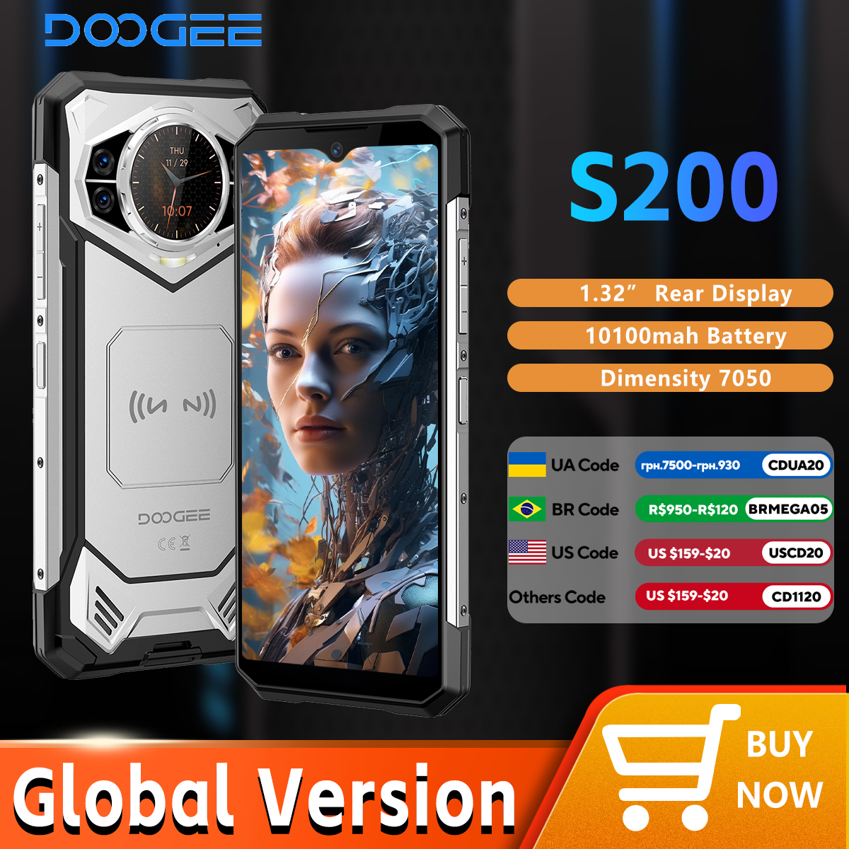 DOOGEE S200 5G Rugged Phone 6.72" 120Hz Display 12GB RAM 256GB ROM 100MP AI Main Camera 10100mAh Android 14 NFC
