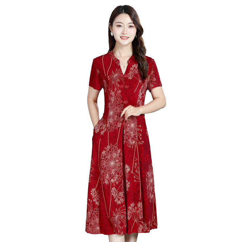 Robe Cheongsam chinoise rétro améliorée pour femmes, élégante, boucle, col en v, fleur, manches courtes, robe mi-longue pour femmes
