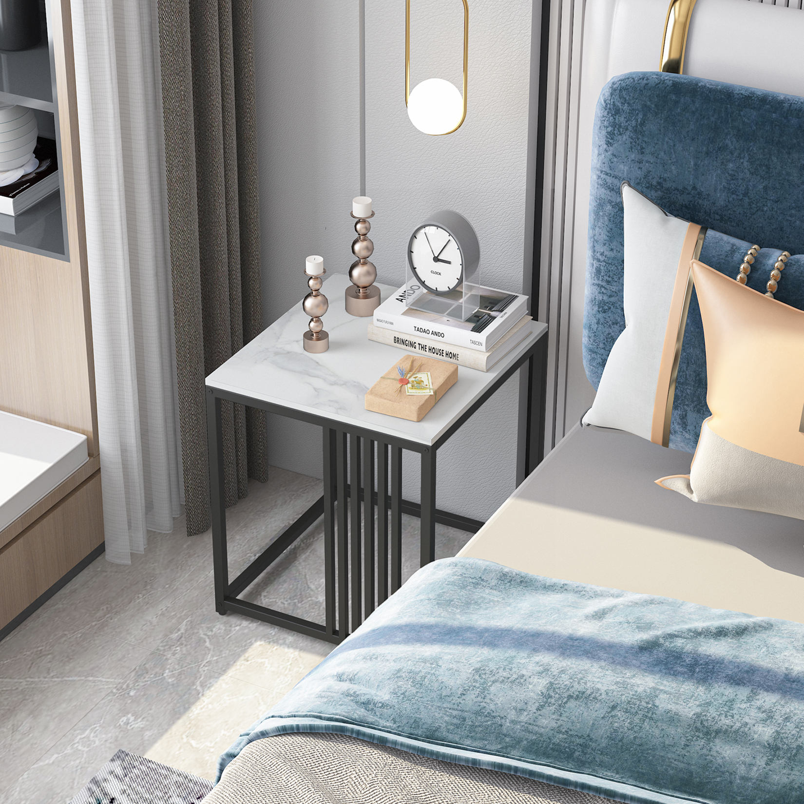 Minimalismo tavolino in pietra di marmo piano bianco tavolino laterale con cornice nera mobili moderni